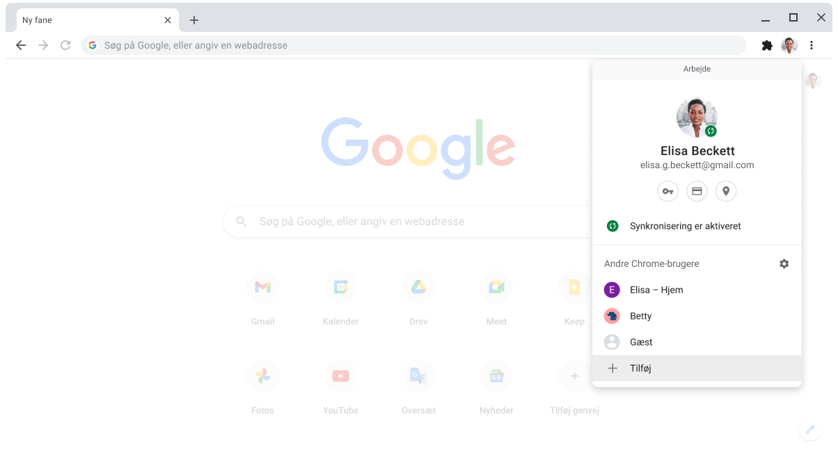Chrome-browseren, der viser dialogboksen til profilskift.