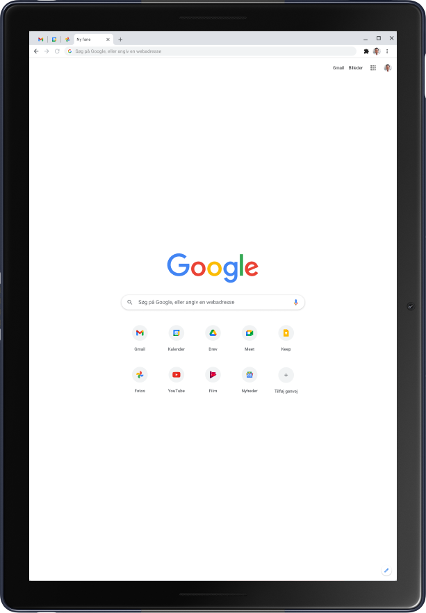 Pixel Slate-tablet i portrættilstand, hvor Googles startside vises.