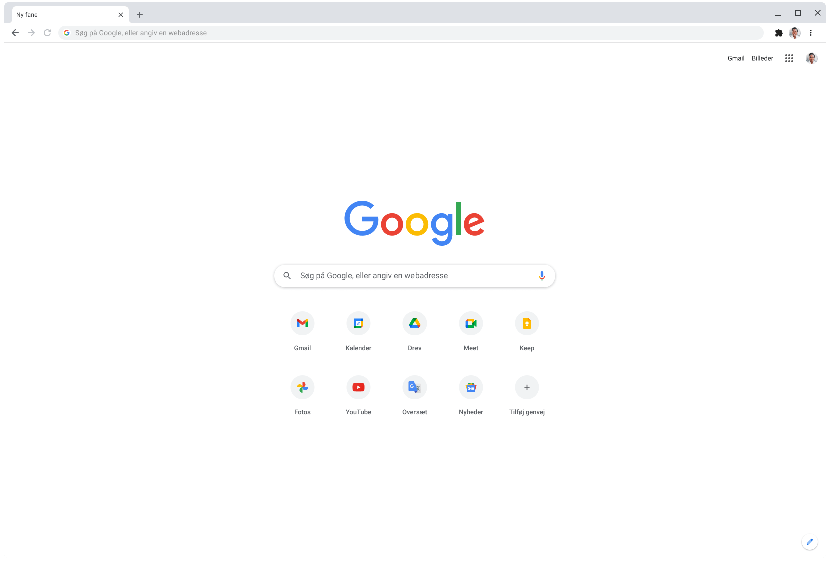 Et Chrome-browservindue, der viser Google.com.