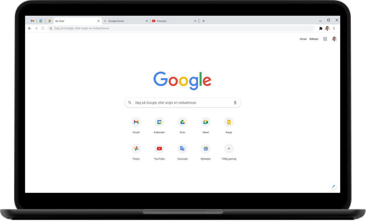 Øverste venstre hjørne af en Pixelbook-computer, hvor Google.com vises på skærmen.