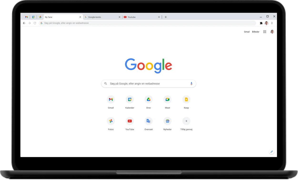 Øverste venstre hjørne af en Pixelbook-computer, hvor Google.com vises på skærmen.