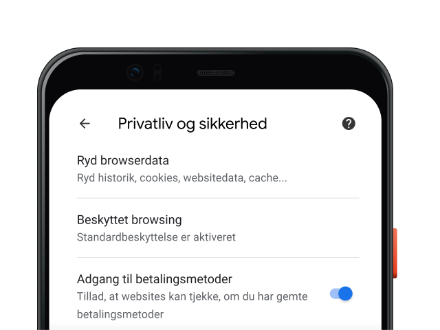 Siden med indstillinger for privatliv og sikkerhed i Chrome-browseren på en mobilenhed.