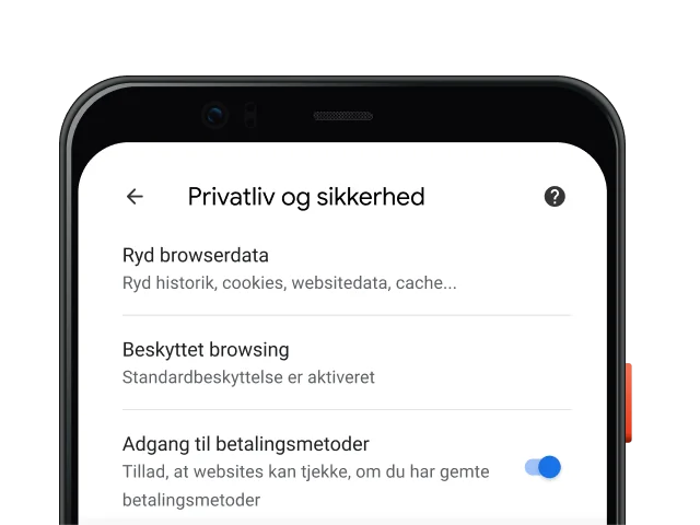 Siden med indstillinger for privatliv og sikkerhed i Chrome-browseren på en mobilenhed.