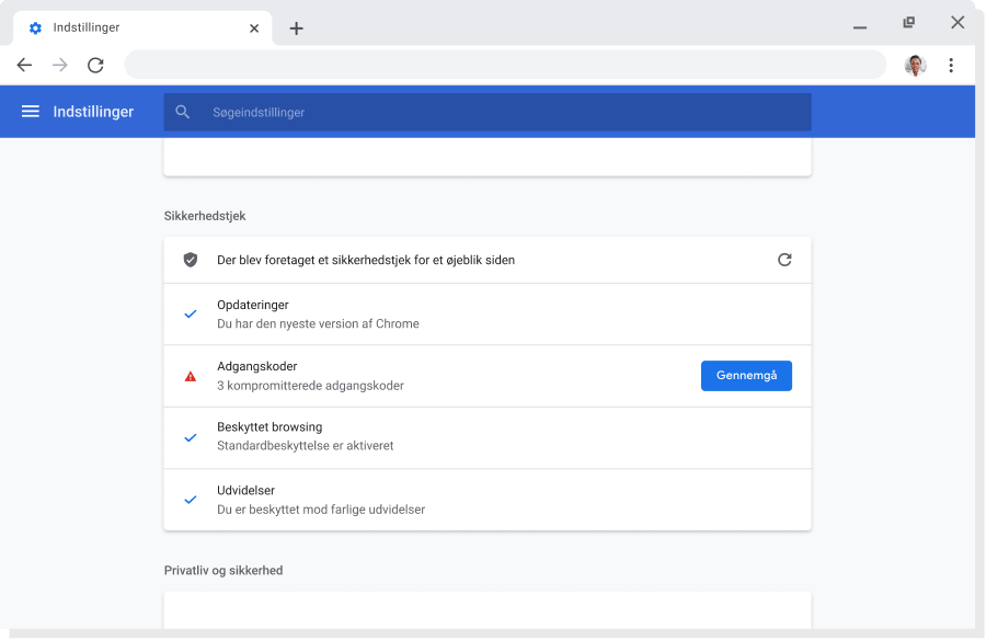 Et Chrome-browservindue, der viser konto- og synkroniseringsindstillingerne for Google-konti, hvor synkronisering er aktiveret.