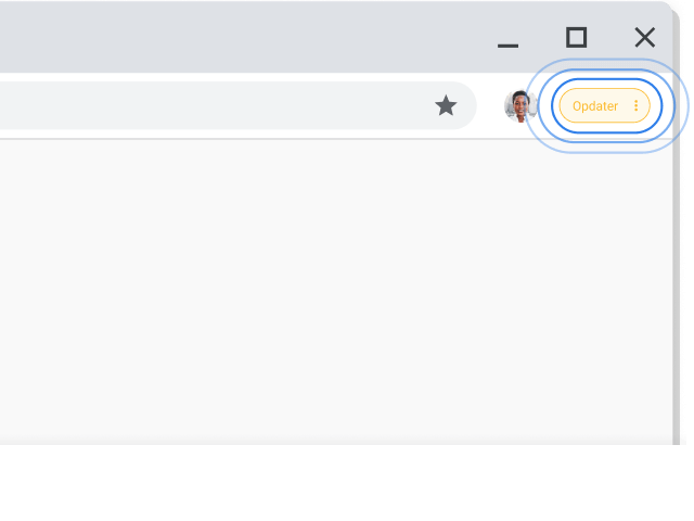 Beskeden Opdater fremhæves øverst til højre i et Chrome-browservindue.