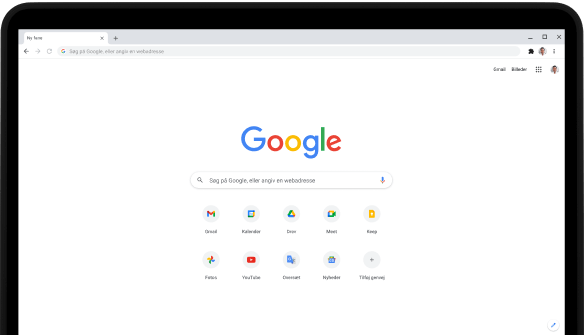 Øverste venstre hjørne af en Pixelbook Go-computer, hvor Google.com-søgefeltet og foretrukne apps vises på skærmen.