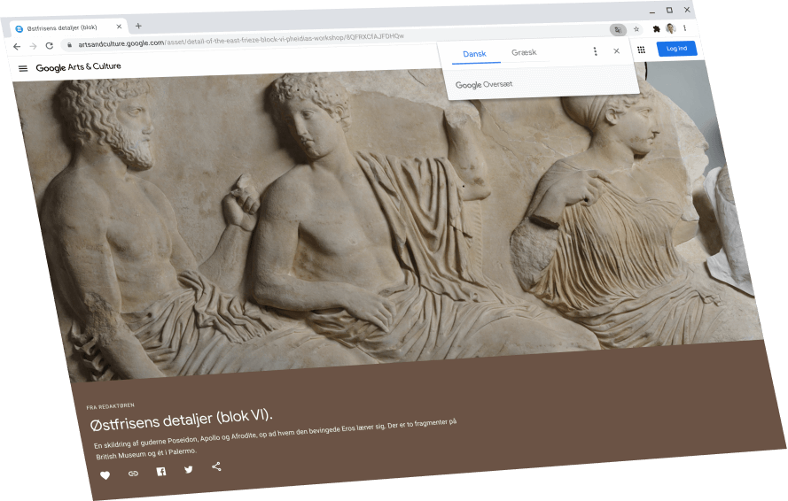 Visning af en Google Arts & Culture-side med en dialogboks for Google Oversæt ovenover, der indeholder oversættelsen til engelsk.
