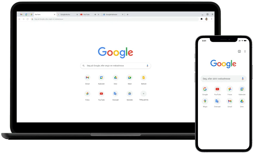 Computer og mobilenhed, der viser startsiden Google.com.
