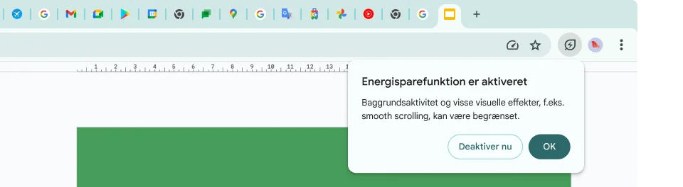 En markør har klikket på ikonet for Energisparefunktion, som angiver, at baggrundsaktivitet og visse visuelle effekter er begrænset med henblik på at bruge mindre hukommelse.