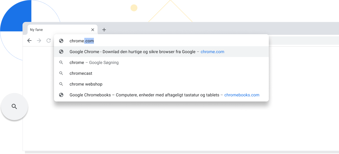 Visning, hvor der er zoomet ind på en ny fane i et Chrome-browservindue. I adresselinjen er der skrevet chrome.com.