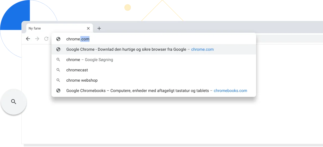 Visning, hvor der er zoomet ind på en ny fane i et Chrome-browservindue. I adresselinjen er der skrevet chrome.com.