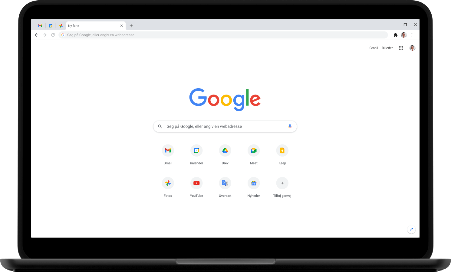 Computer, der viser startsiden Google.com.