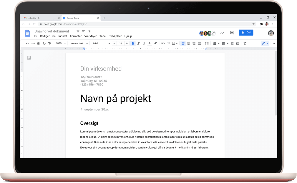 Google Docs-skærm, der viser en åben projektskabelon.