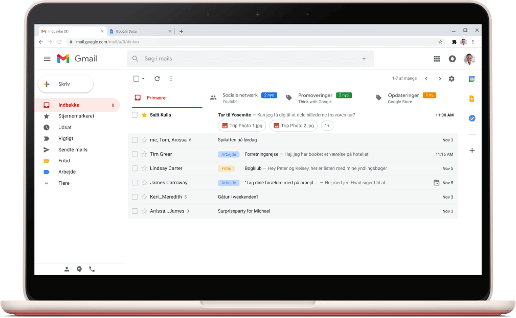 Skærm med Gmail-grænsefladen og listen af mails.