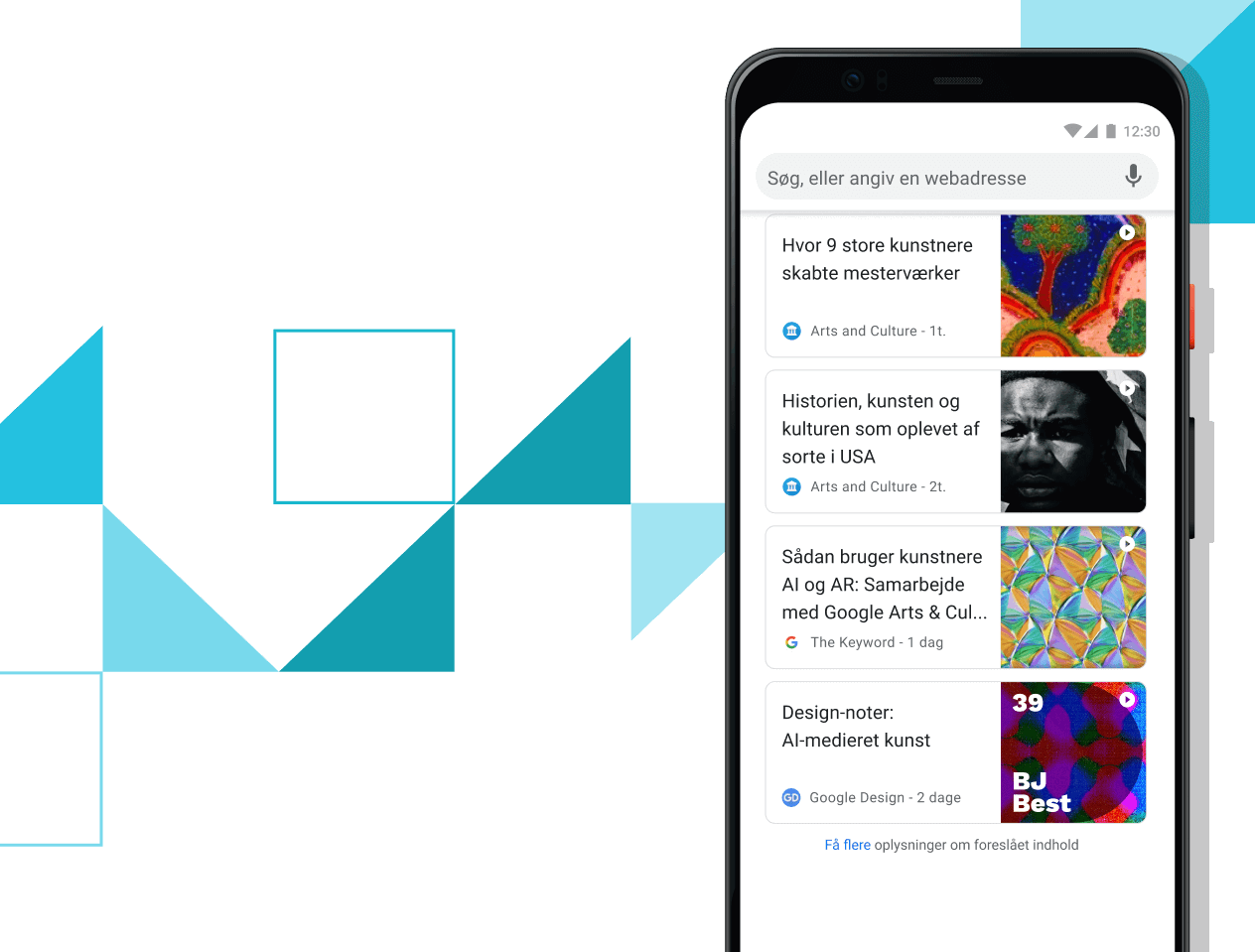 Artikler til dig Pixel 4 XL-telefon, hvor links til udvalgte artikler vises på skærmen.