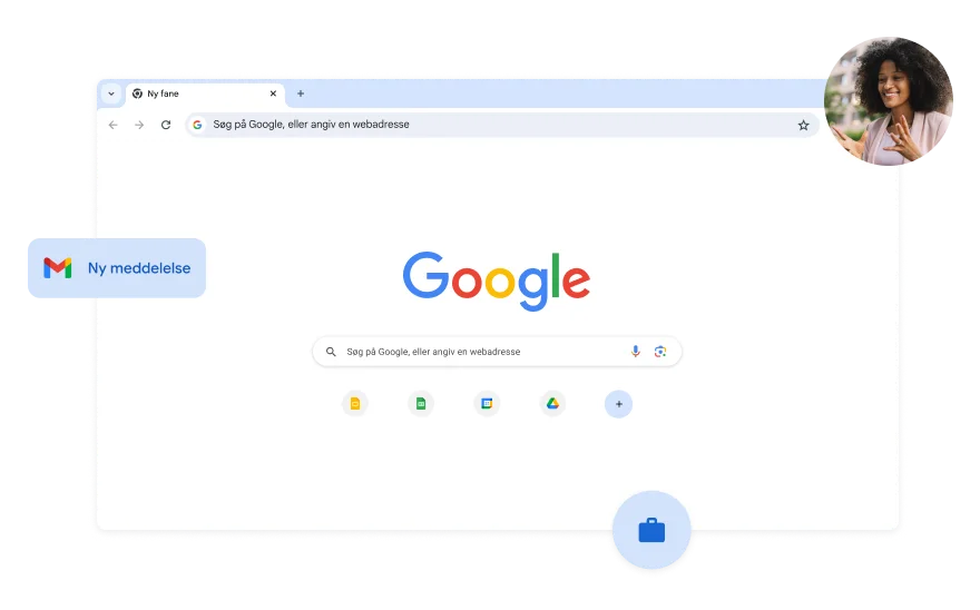 Baggrunden på Google Søgning-siden er hvid. Der er et billede af en kvinde i et af hjørnerne.