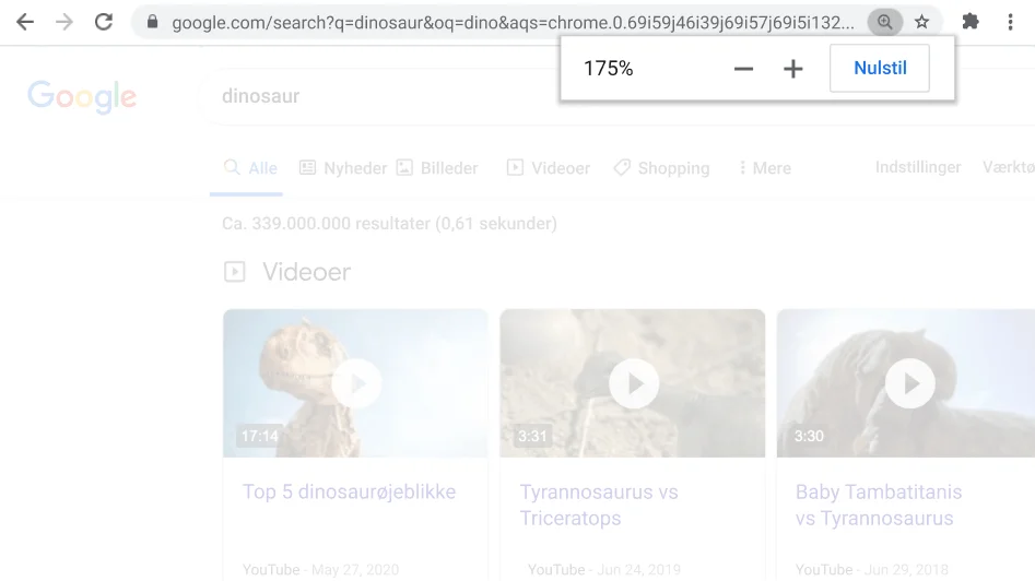 Chrome-browservindue med en åben webside, hvor funktionen Zoom anvendes.