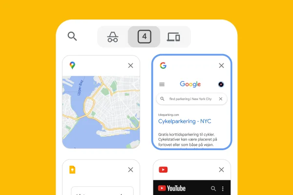 En mobilbrowser indlæser faner fra en browser på en computer, herunder faner med Google Maps og oplysninger om parkering i New York.