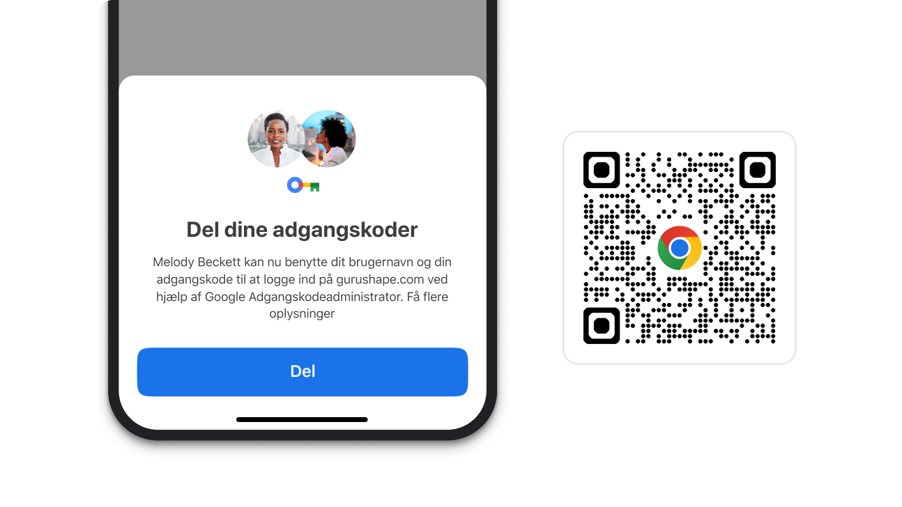Et Chrome-modul, der giver dig mulighed for at dele adgangskoder. Ud for modulet vises en QR-kode, som kan bruges til at downloade Chrome.