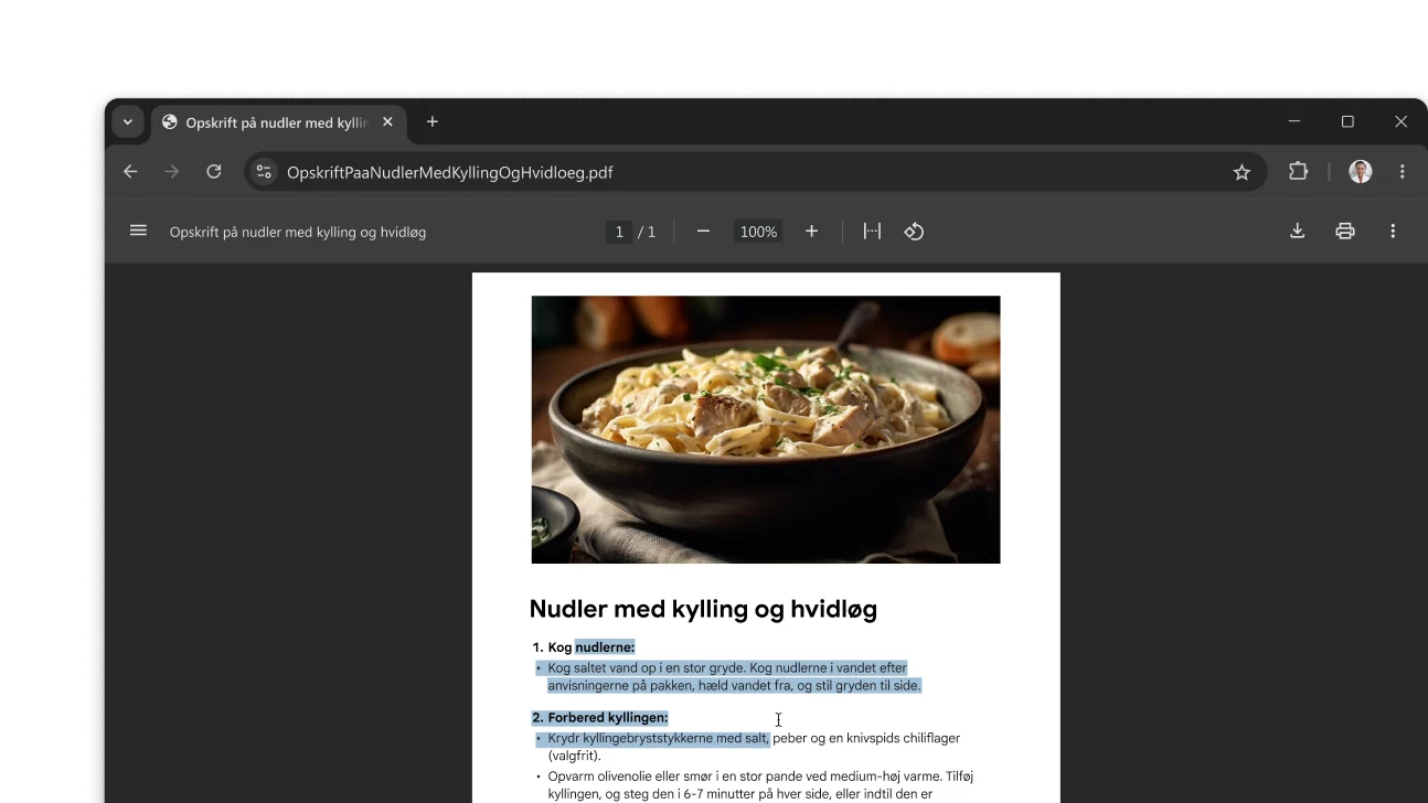 En PDF med en opskrift er åben i et Chrome-browservindue. Brugeren har markeret tekst i PDF-filen.