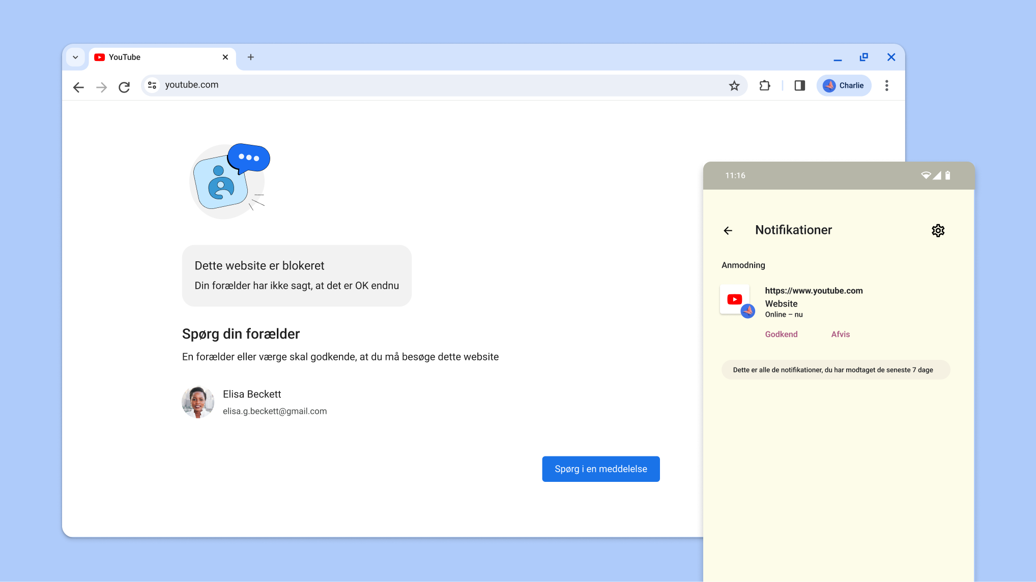 Børnesikringen har blokeret et website, og en notifikation fra Family Link om adgangstilladelse vises