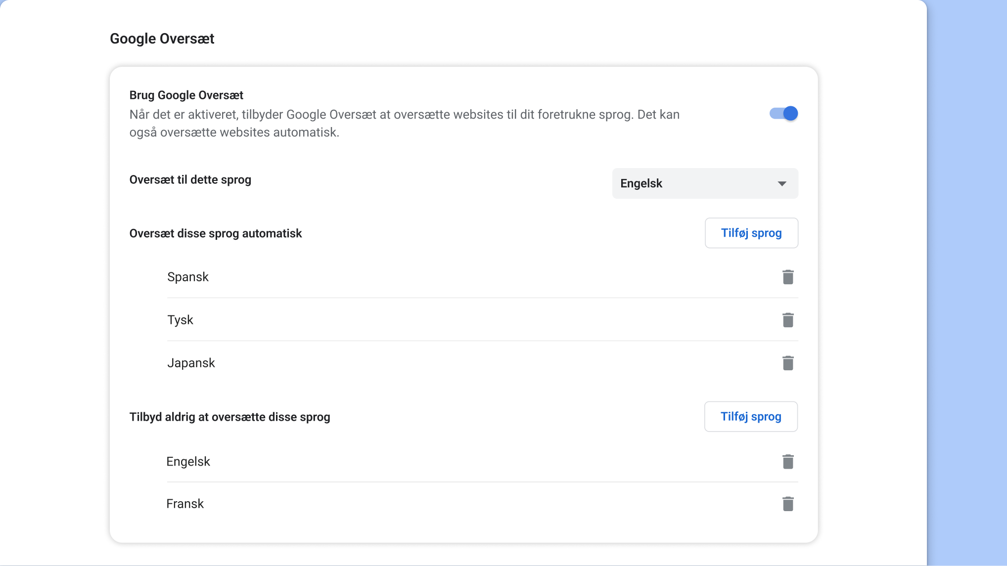 Siden med Google Oversæt-indstillinger i Chrome