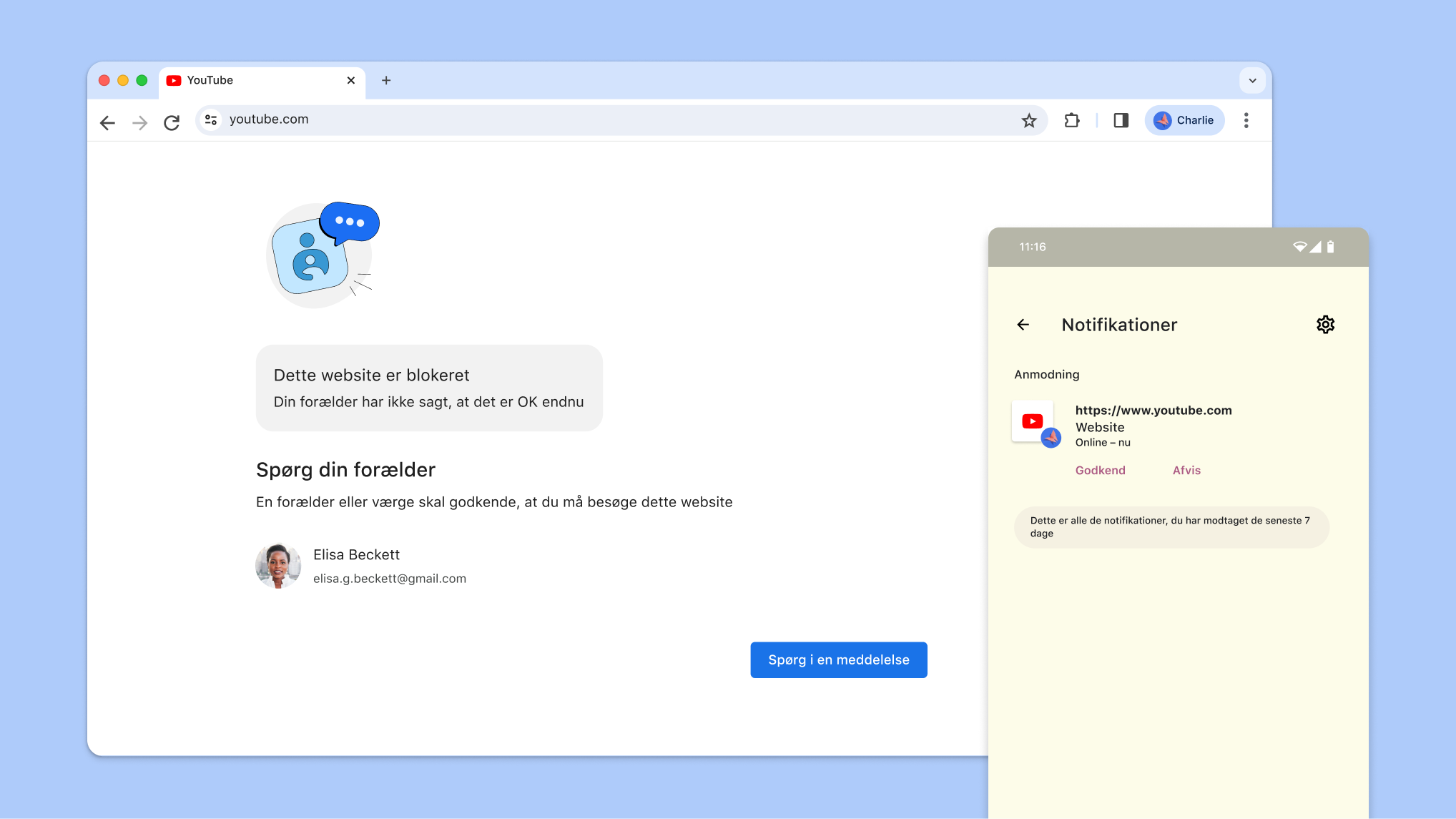 Børnesikringen har blokeret et website, og en notifikation fra Family Link om adgangstilladelse vises