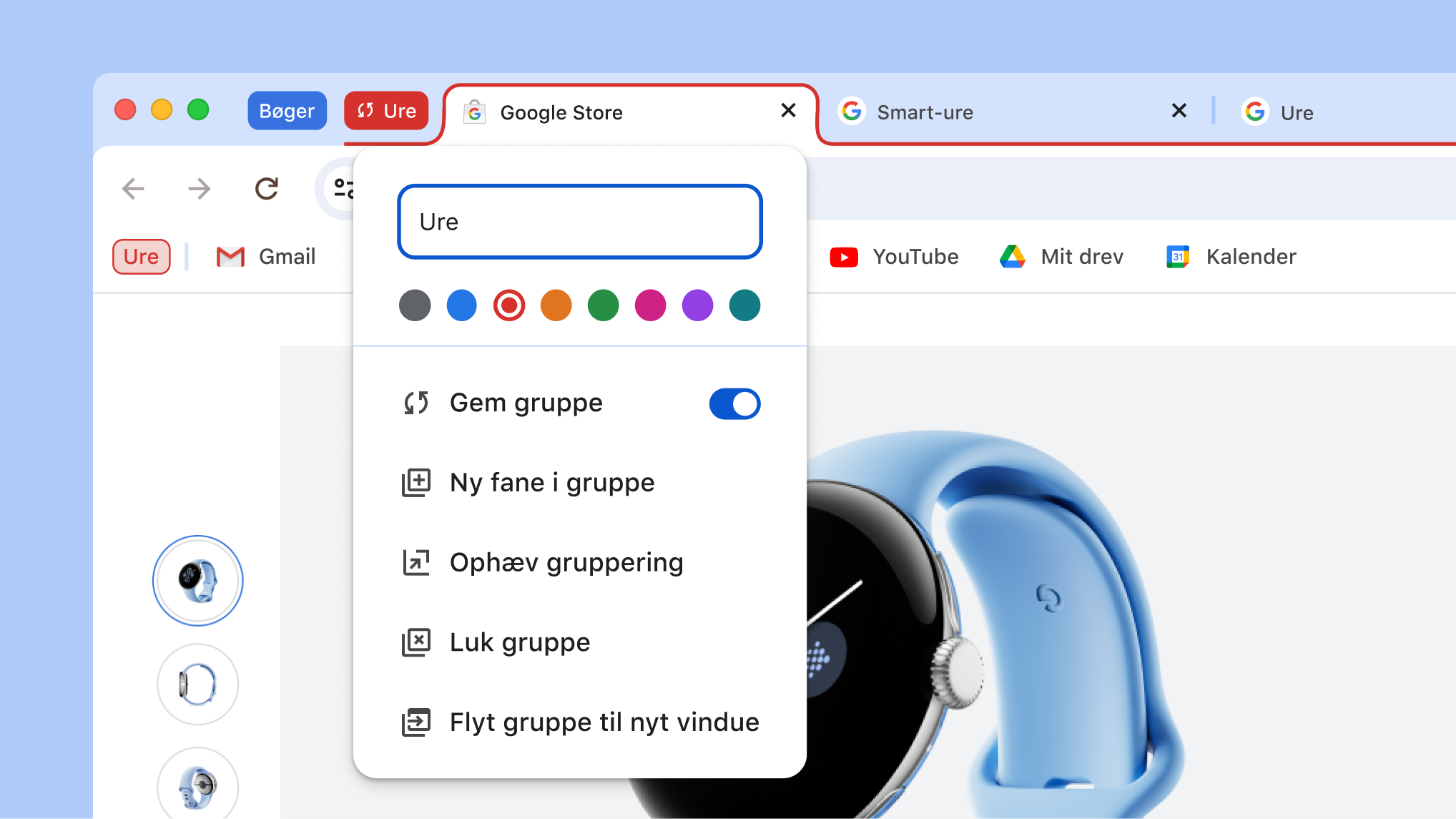 Menuen for fanegruppe er åben og viser de nye muligheder for at gemme og skjule grupper