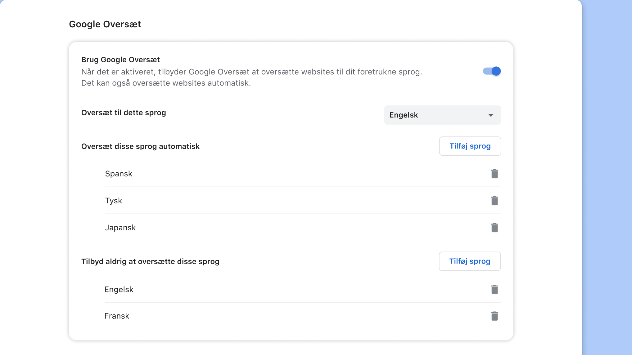 Siden med Google Oversæt-indstillinger i Chrome