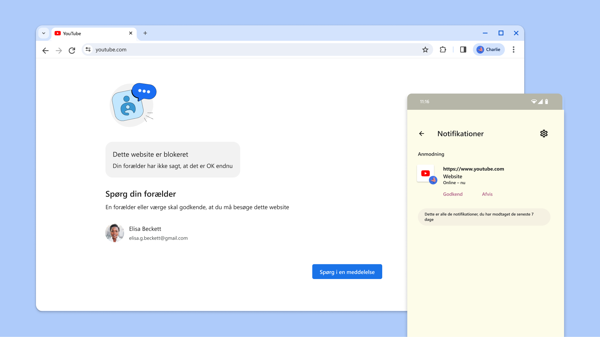 Børnesikringen har blokeret et website, og en notifikation fra Family Link om adgangstilladelse vises