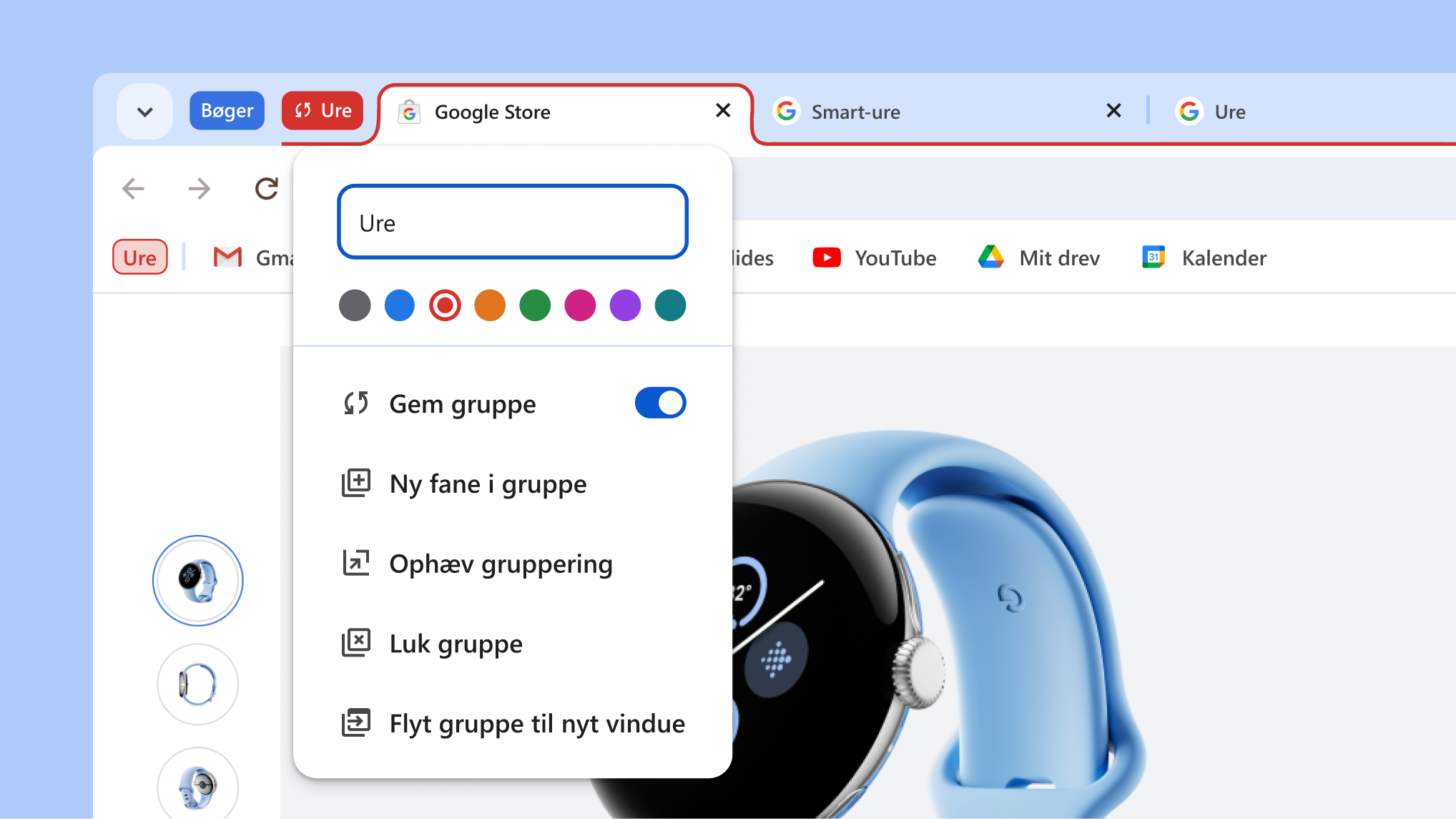 Menuen for fanegruppe er åben og viser de nye muligheder for at gemme og skjule grupper