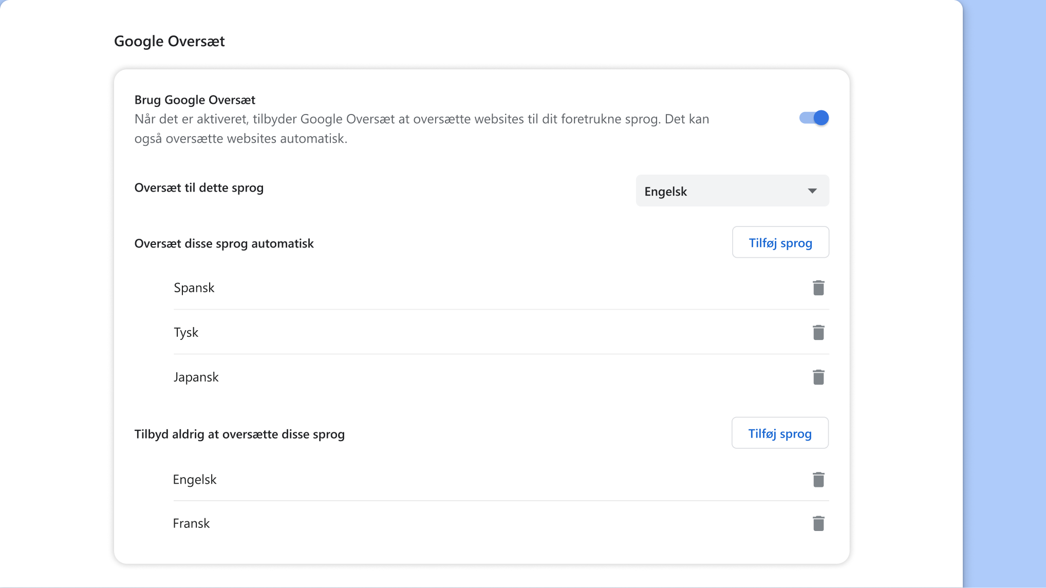 Siden med Google Oversæt-indstillinger i Chrome