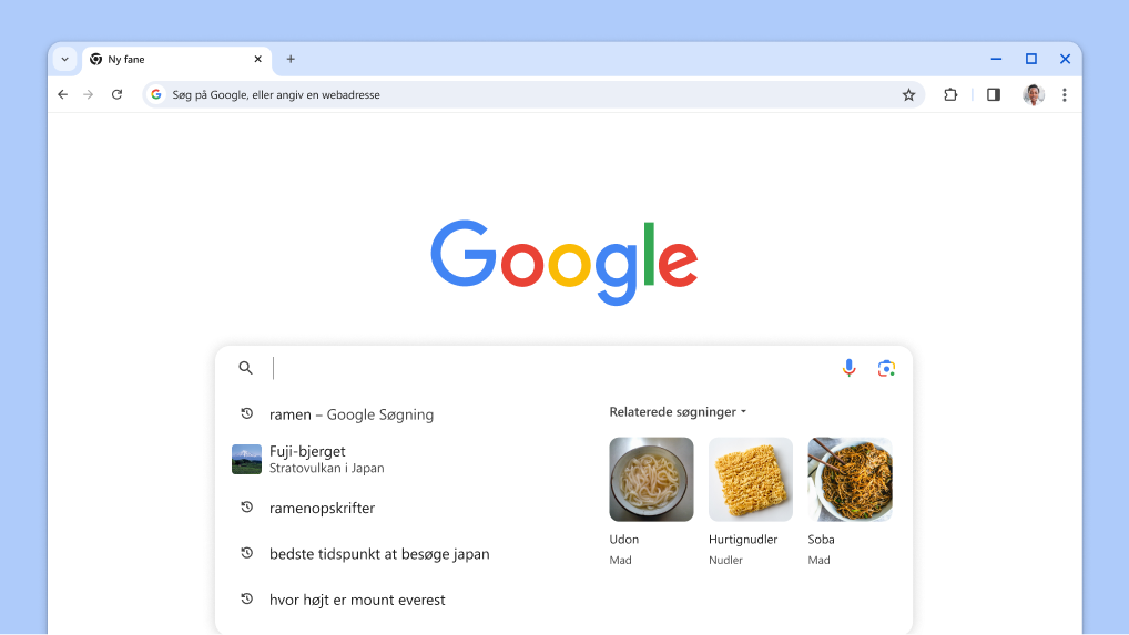 Markøren vises i søgefeltet med automatisk indlæste tidligere søgninger og relaterede emner.