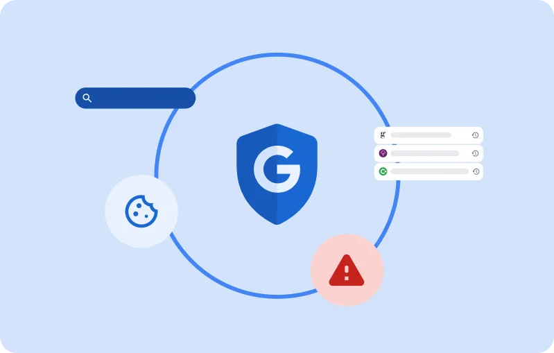 An illustration of a blue Google security shield centered inside a ring, surrounded by icons representing search, cookies, browsing history, and security threat alerts.