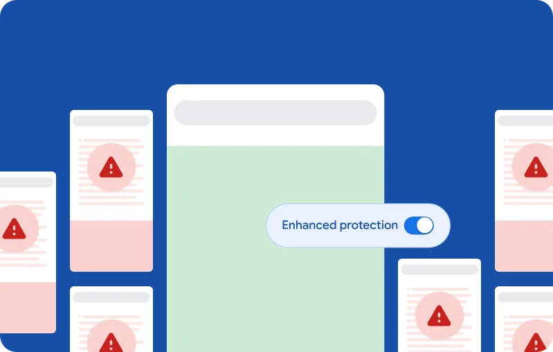 An illustration of a clean browser window with the 'Enhanced protection' toggle switched on, surrounded by browser windows displaying red threat warning symbols.